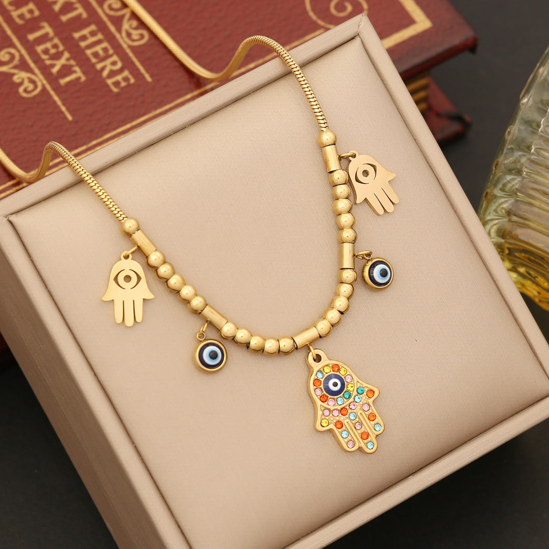 Wholesale Full Diamond Palm Necklace Eyes Stainless Steel Bracelet Jewelry Set